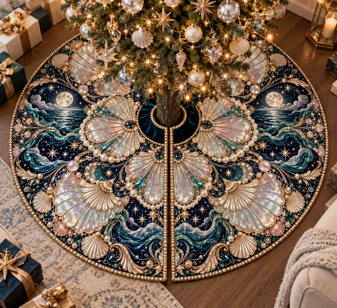 Celestial Canopy Seashell Tree Skirt - Starry Coastal Christmas Skirt With Shell & Moon Motifs, Premium Holiday Home Decor