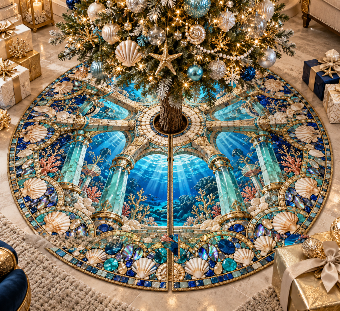 Tidal Atrium Seashell Christmas Tree Skirt - Elegant Coastal Holiday Skirt With Ocean-Inspired Design, Handcrafted Decorative Accent