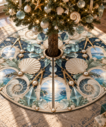 Seashell Pearl Geometer Christmas Tree Skirt - Modern Coastal Holiday Rug With Pearl & Shell Motifs, Luxury Nautical Decor