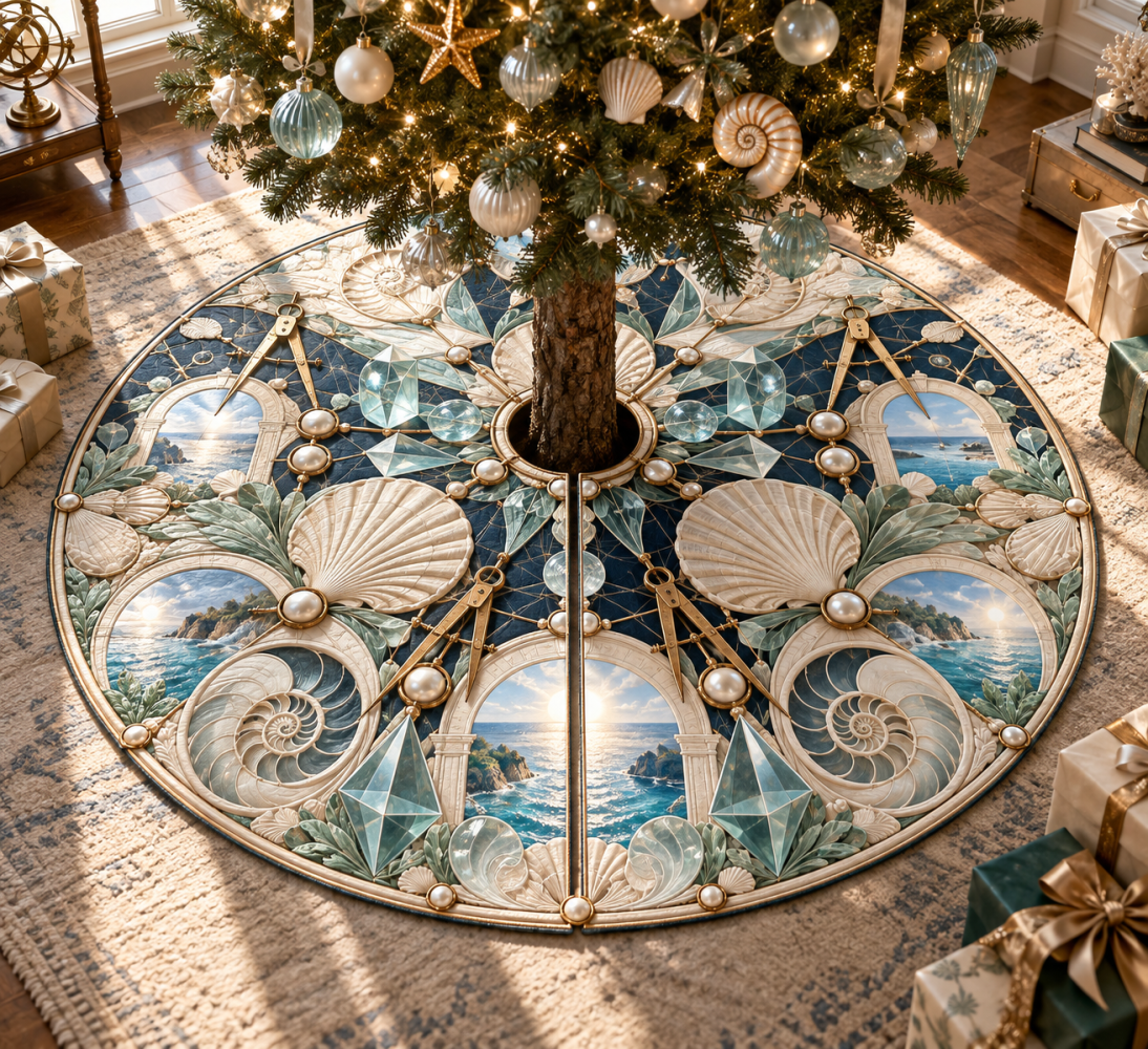 Seashell Pearl Geometer Christmas Tree Skirt - Modern Coastal Holiday Rug With Pearl & Shell Motifs, Luxury Nautical Decor
