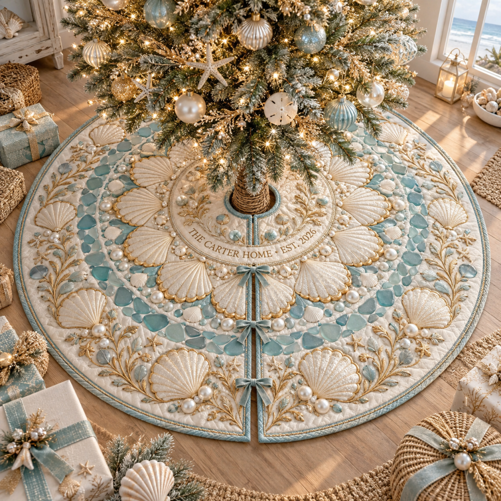 Personalized Seashell Address Christmas Tree Skirt - Custom Name & Address Beach Cottage Holiday Skirt, Gift-Ready