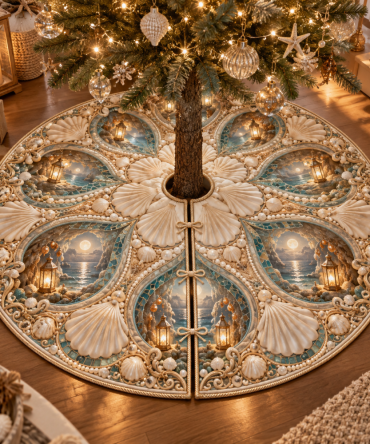 Amber Seashell Grotto Christmas Tree Skirt - Handcrafted Coastal Holiday Skirt With Warm Tones & Shell Appliqué