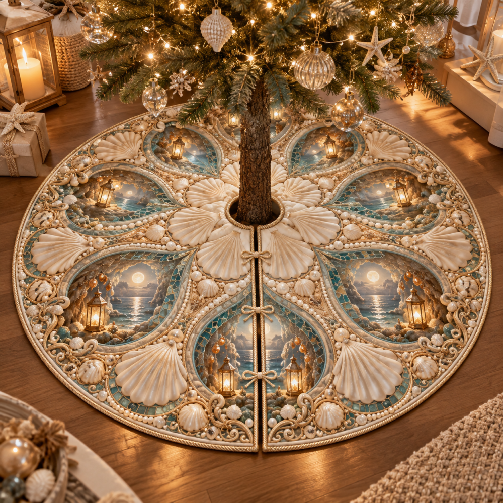 Amber Seashell Grotto Christmas Tree Skirt - Handcrafted Coastal Holiday Skirt With Warm Tones & Shell Appliqué