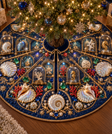 Coastal Seashell Jewel Christmas Tree Skirt - Hand-Embellished Sequin & Shell Accent Holiday Skirt For Elegant Homes