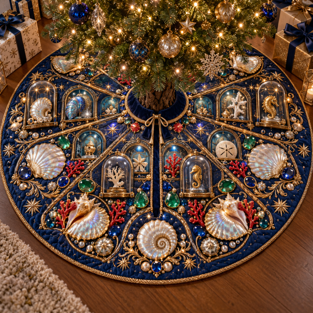 Coastal Seashell Jewel Christmas Tree Skirt - Hand-Embellished Sequin & Shell Accent Holiday Skirt For Elegant Homes