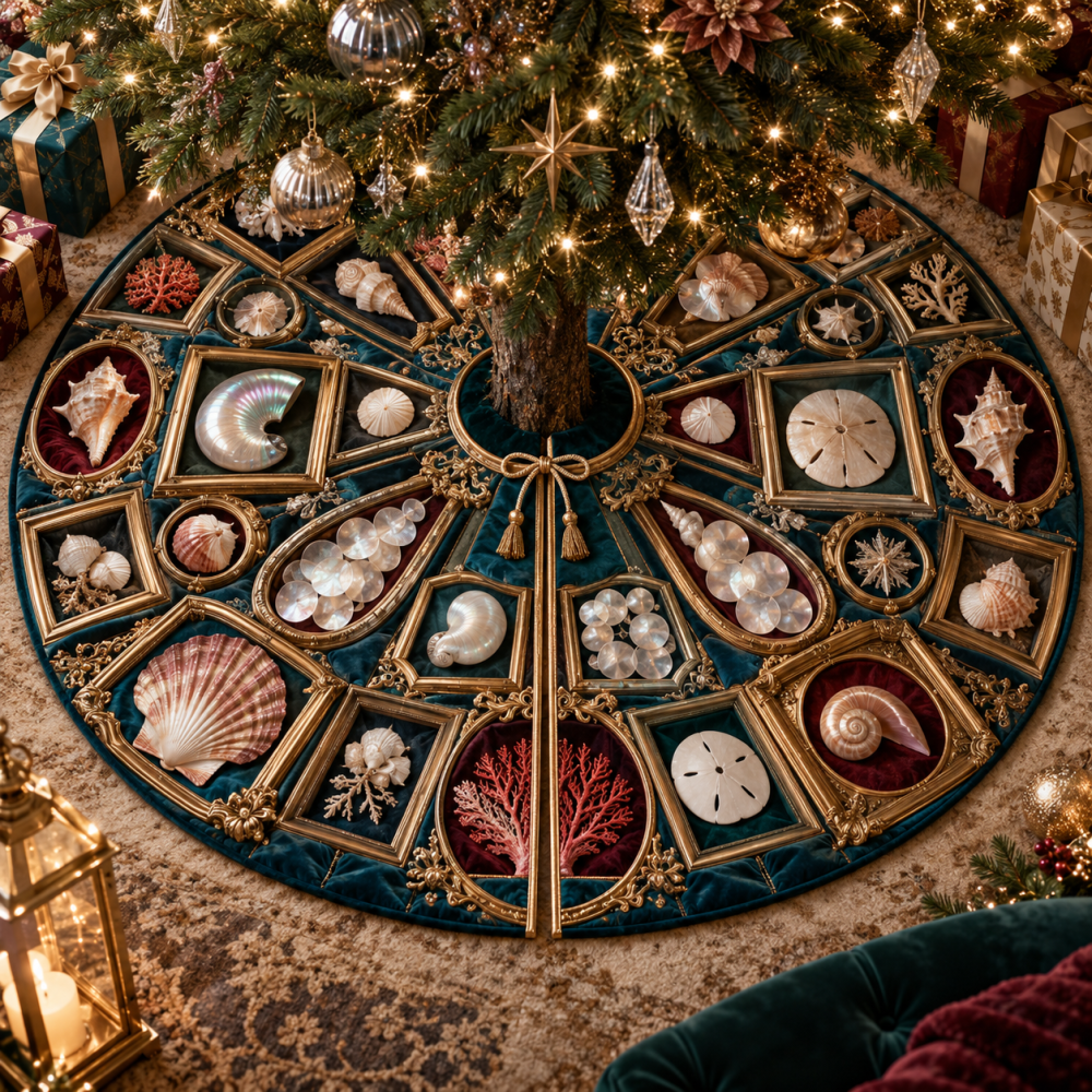 Seashell Prism Holiday Tree Skirt - Colorful Shell Pattern & Coastal Christmas Skirt, Handmade Nautical Home Accent, Perfect Beach Gift