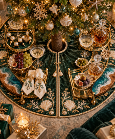 Gilded Seashell Holiday Tree Skirt - Elegant Coastal Christmas Skirt With Metallic Accents, Handcrafted Nautical Décor