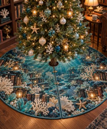 Coral Reef Lantern Tree Skirt - Nautical Lantern & Coral Design, Coastal Holiday Skirt, Handcrafted Christmas Home Accent