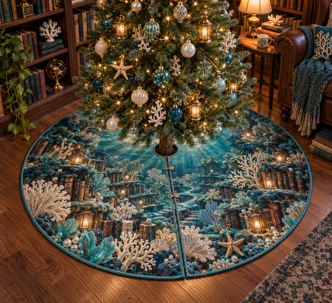 Coral Reef Lantern Tree Skirt - Nautical Lantern & Coral Design, Coastal Holiday Skirt, Handcrafted Christmas Home Accent