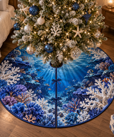 Coral Reef Sapphire Holiday Tree Skirt - Deep Blue Ocean Motifs, Luxurious Coastal Skirt, Handcrafted Christmas Accent