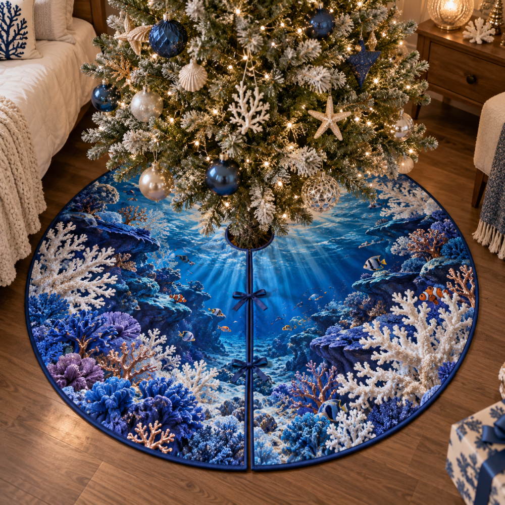 Coral Reef Sapphire Holiday Tree Skirt - Deep Blue Ocean Motifs, Luxurious Coastal Skirt, Handcrafted Christmas Accent