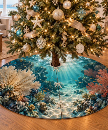 Coral Reef Sunlit Tree Skirt - Bright Coastal Holiday Skirt With Sunlit Ocean Pattern, Handcrafted Christmas Home Decor