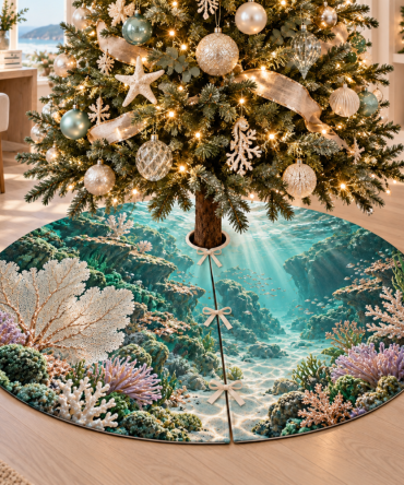 Coral Reef Moonstone Tree Skirt - Elegant Moonstone Hues & Oceanic Holiday Skirt, Handcrafted Nautical Christmas Accent