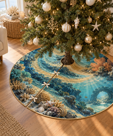 Coral Reef Hearthlight Tree Skirt - Warm Coastal Holiday Skirt With Sea Motifs, Handcrafted Christmas Decor For Living Room