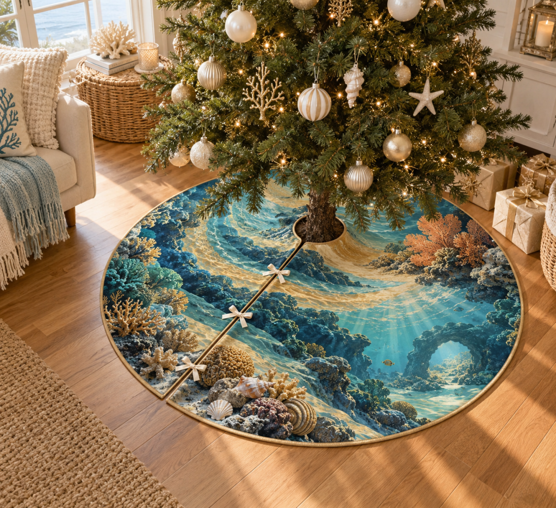 Coral Reef Hearthlight Tree Skirt - Warm Coastal Holiday Skirt With Sea Motifs, Handcrafted Christmas Decor For Living Room