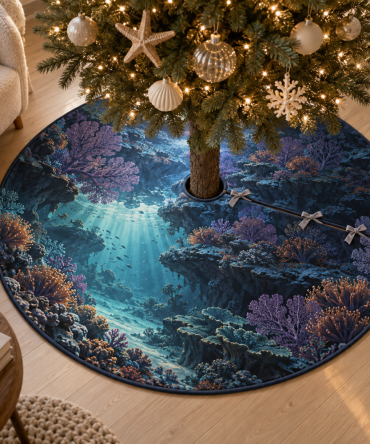 Coral Reef Dusk Holiday Tree Skirt - Subtle Coastal Palette & Sea-Inspired Design, Premium Handmade Christmas Accent