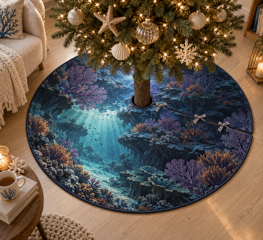 Coral Reef Dusk Holiday Tree Skirt - Subtle Coastal Palette & Sea-Inspired Design, Premium Handmade Christmas Accent