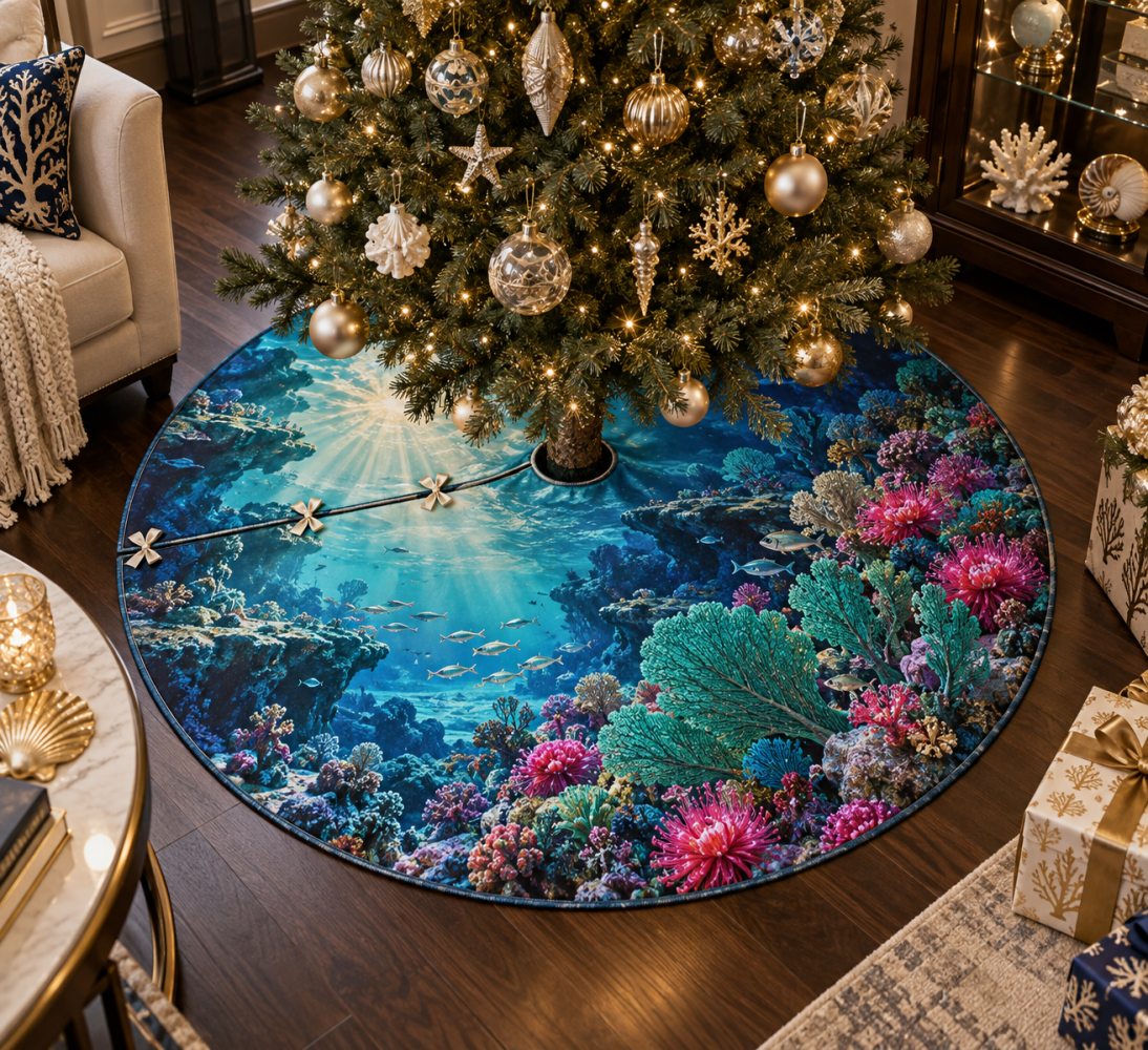Coral Reef Opal Tree Skirt - Elegant Ocean-Themed Holiday Skirt With Nautical Details, Handcrafted Christmas Accent