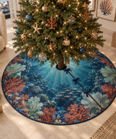 Coral Reef Gallery Holiday Tree Skirt - Artistic Ocean Motif, Luxury Coastal Christmas Skirt, Handmade Home Accent