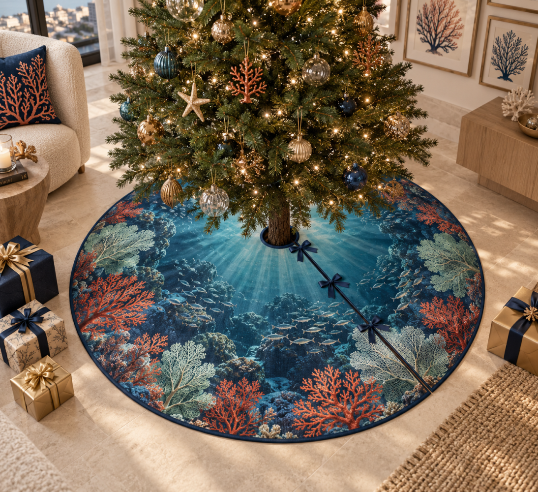 Coral Reef Gallery Holiday Tree Skirt - Artistic Ocean Motif, Luxury Coastal Christmas Skirt, Handmade Home Accent