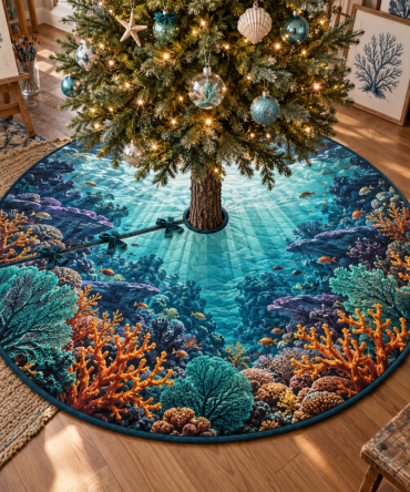 Coral Reef Atelier Tree Skirt - Ocean-Inspired Holiday Skirt With Coastal Coral Motifs, Premium Handmade Christmas Decor