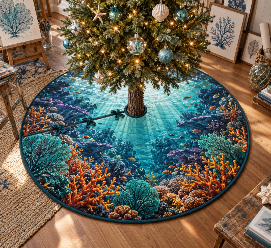 Coral Reef Atelier Tree Skirt - Ocean-Inspired Holiday Skirt With Coastal Coral Motifs, Premium Handmade Christmas Decor