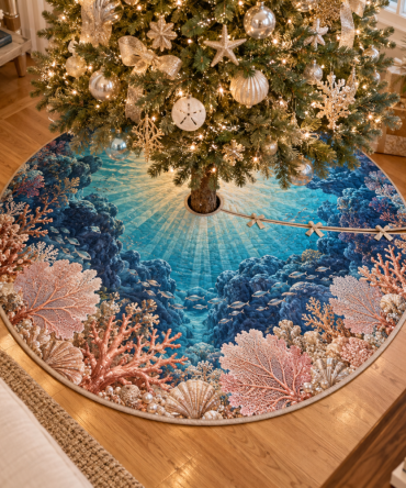 Coastal Coral Reef Pearl Holiday Tree Skirt - Nautical Welcome Design, Plush Velvet, Custom Sizes & Fast Shipping