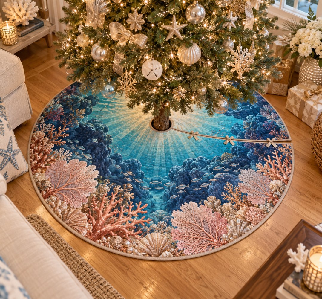 Coastal Coral Reef Pearl Holiday Tree Skirt - Nautical Welcome Design, Plush Velvet, Custom Sizes & Fast Shipping