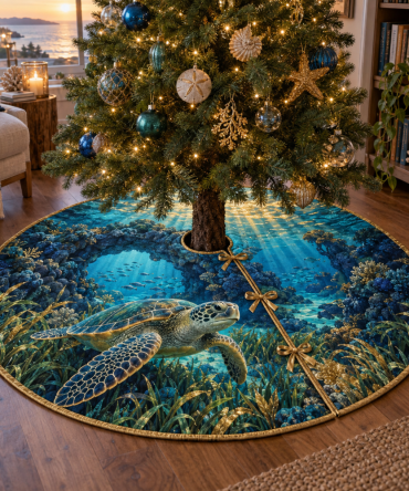 Lagoon Reading Nook Sea Turtle Tree Skirt — Cozy Coastal Christmas Skirt With Lagoon Hues To Enhance Intimate Holiday Corners