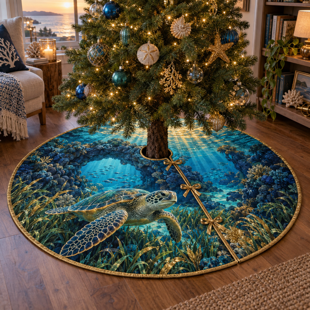 Lagoon Reading Nook Sea Turtle Tree Skirt — Cozy Coastal Christmas Skirt With Lagoon Hues To Enhance Intimate Holiday Corners