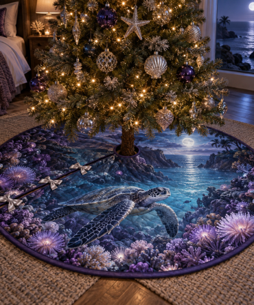 Moon Garden Sea Turtle Tree Skirt — Ethereal Lunar-Themed Coastal Christmas Skirt With Soft Floral And Ocean Motifs