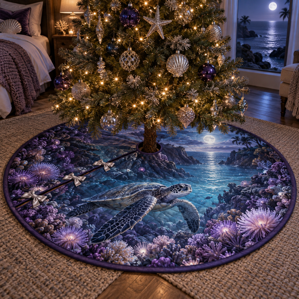 Moon Garden Sea Turtle Tree Skirt — Ethereal Lunar-Themed Coastal Christmas Skirt With Soft Floral And Ocean Motifs