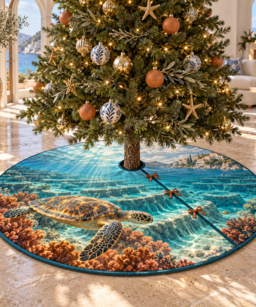 Sunlit Sea Turtle Terraces Tree Skirt — Layered Coastal Christmas Skirt With Warm Sunlit Hues For Inviting Holiday Vignettes