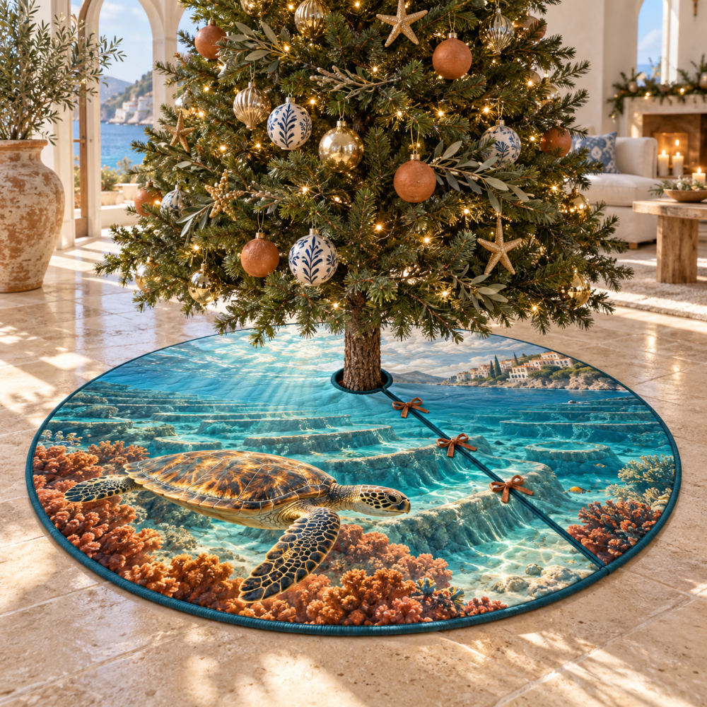 Sunlit Sea Turtle Terraces Tree Skirt — Layered Coastal Christmas Skirt With Warm Sunlit Hues For Inviting Holiday Vignettes