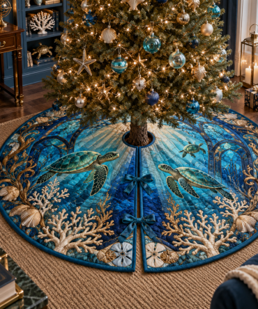 Glass Sea Turtle Atrium Tree Skirt — Translucent-Motif Coastal Christmas Skirt With Modern Atrium Design For Chic Holiday Decor
