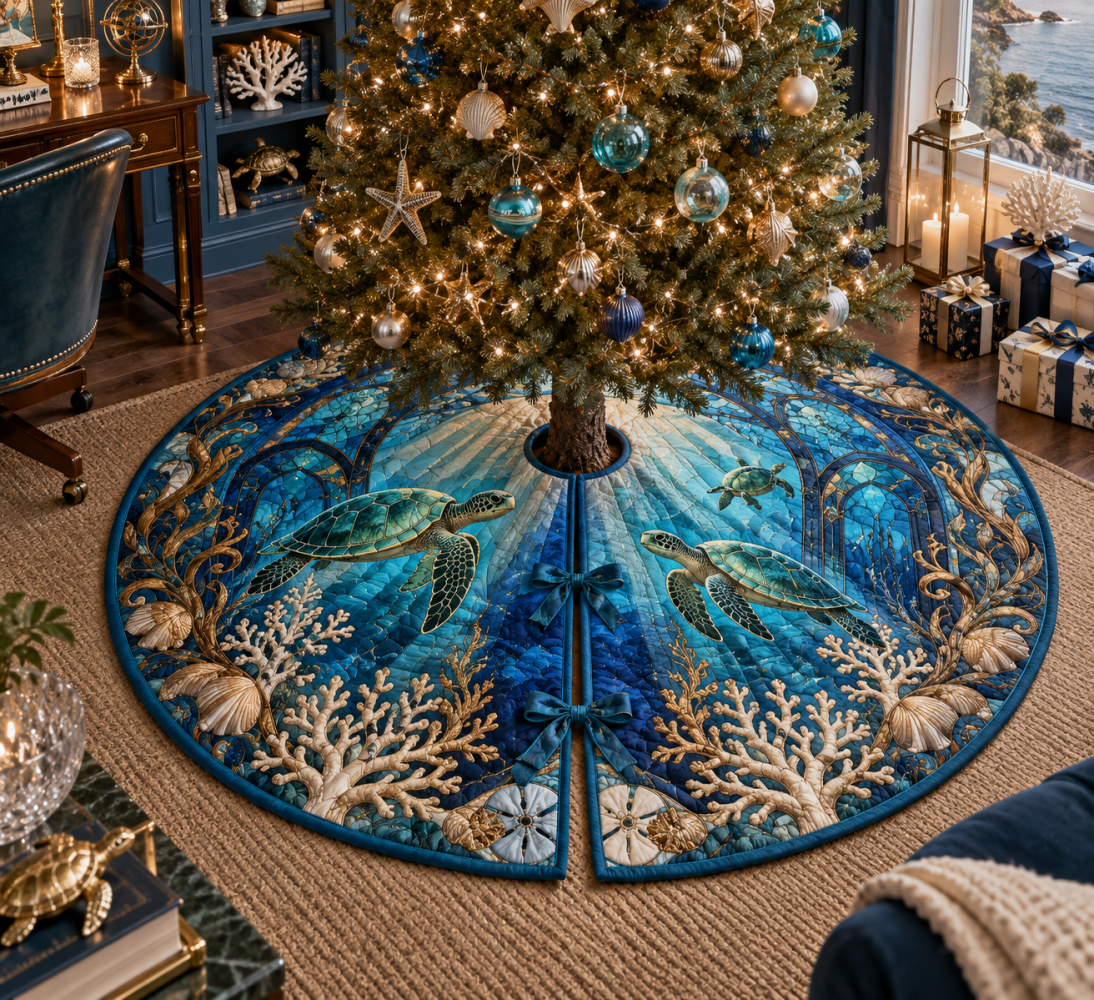 Glass Sea Turtle Atrium Tree Skirt — Translucent-Motif Coastal Christmas Skirt With Modern Atrium Design For Chic Holiday Decor
