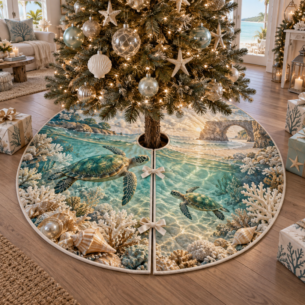 Pearl Sea Turtle Threshold Tree Skirt — Iridescent Holiday Tree Skirt With Subtle Pearl Sheen For Elegant Coastal Celebrations