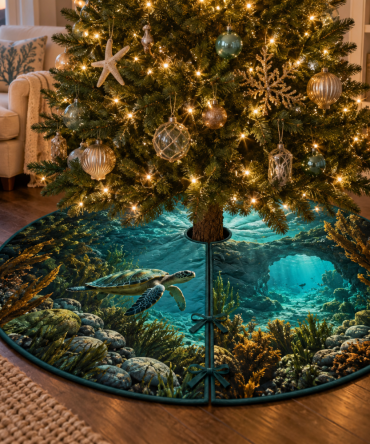 Willow Sea Turtle Grotto Tree Skirt — Botanical Coastal Christmas Skirt With Soft Green Tones & Grotto Motif For Serene Styling