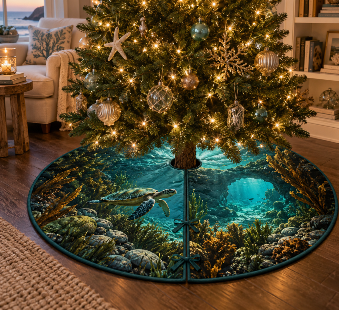 Willow Sea Turtle Grotto Tree Skirt — Botanical Coastal Christmas Skirt With Soft Green Tones & Grotto Motif For Serene Styling