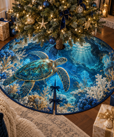 Sapphire Sea Turtle Reliquary Tree Skirt — Deep Blue Nautical Christmas Skirt With Luxurious Reliquary Design For Elegant Holidays