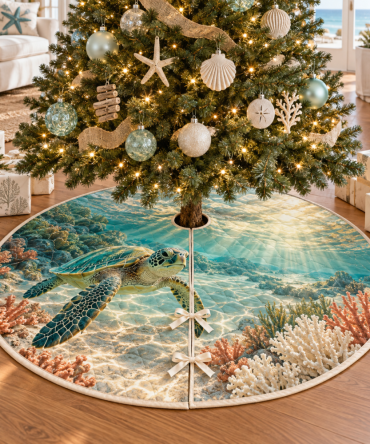 Sunlit Sea Turtle Welcome Tree Skirt — Bright Coastal Christmas Tree Skirt With Cheerful Sunlit Pattern For Beach Homes