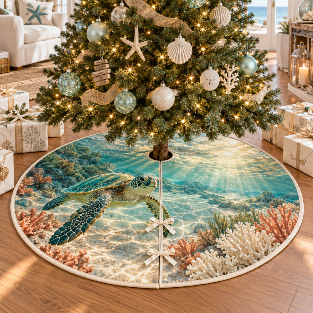 Sunlit Sea Turtle Welcome Tree Skirt — Bright Coastal Christmas Tree Skirt With Cheerful Sunlit Pattern For Beach Homes