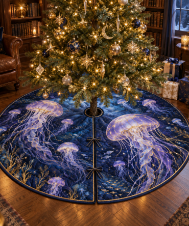 Moonlit Jellyfish Library Tree Skirt — Subtle Oceanic Christmas Skirt With Soft Midnight Palette For Cozy Home Decor