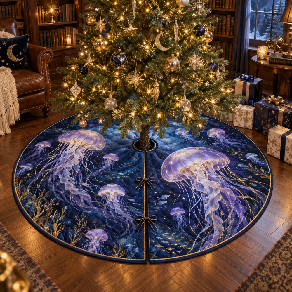 Moonlit Jellyfish Library Tree Skirt — Subtle Oceanic Christmas Skirt With Soft Midnight Palette For Cozy Home Decor