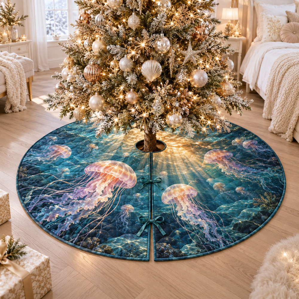Pearl Jellyfish Luxury Christmas Tree Skirt — Aurora-Inspired Coastal Holiday Skirt With Soft Luster And Elegant Finish