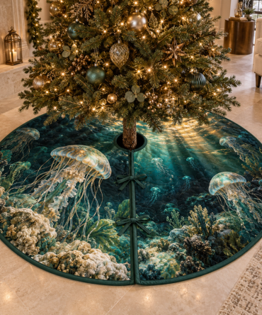 Verdigris Jellyfish Nautical Tree Skirt — Vintage-Patina Atrium Design For Coastal Christmas Decorating And Home Styling