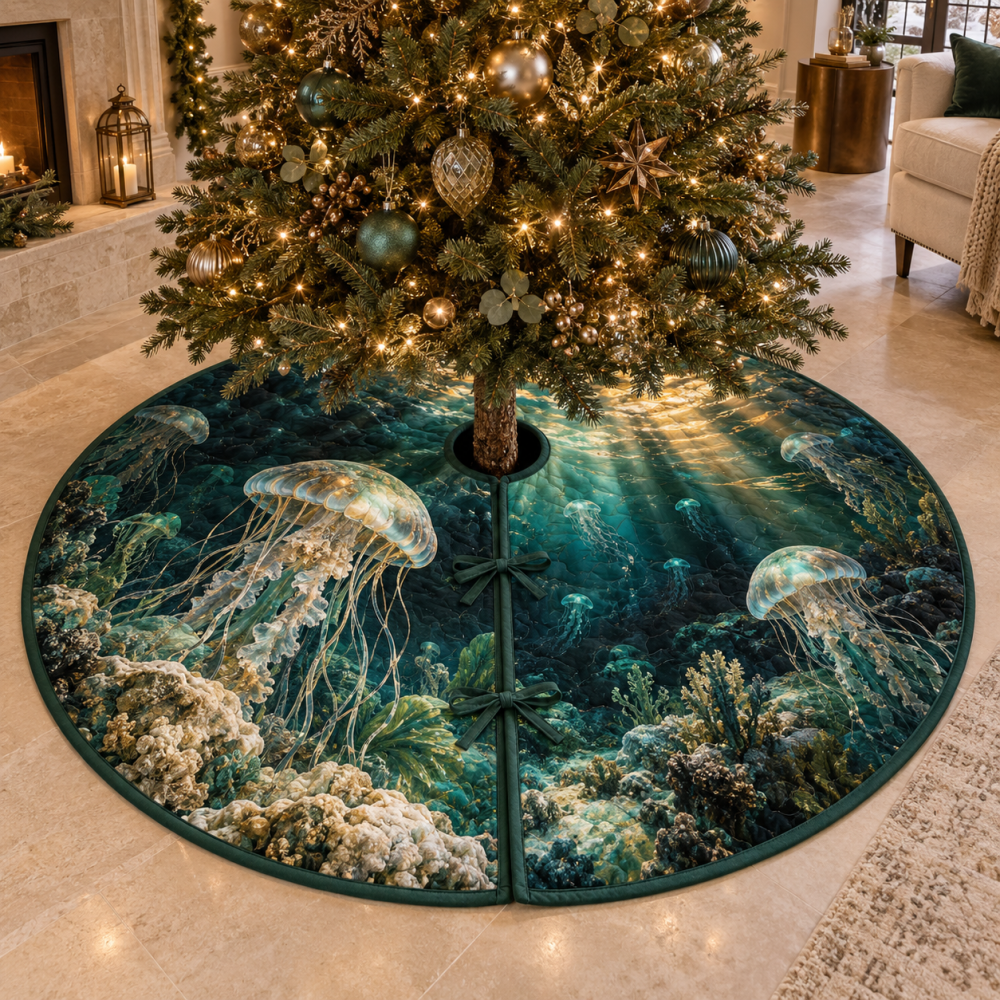 Verdigris Jellyfish Nautical Tree Skirt — Vintage-Patina Atrium Design For Coastal Christmas Decorating And Home Styling