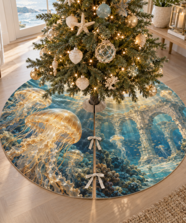 Amber Jellyfish Coastal Christmas Tree Skirt — Luxury Tidehall-Inspired Holiday Tree Skirt For Nautical Home Décor