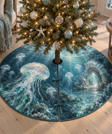 Selenite Cove Jellyfish Christmas Tree Skirt — Moonlit Selenite Nautical Mat, Subtle Jellyfish Accent For Serene Holiday Decor