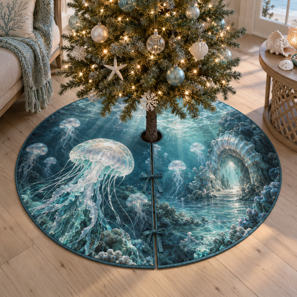 Selenite Cove Jellyfish Christmas Tree Skirt — Moonlit Selenite Nautical Mat, Subtle Jellyfish Accent For Serene Holiday Decor